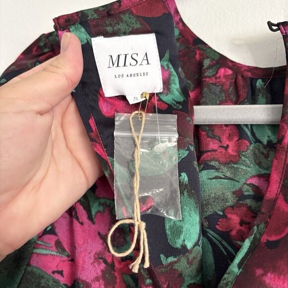 NEW MISA Los Angeles Simone Black and Pink Floral Satin Midi Dress Women’s Small - Picture 12 of 12